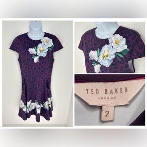 Ted Baker Leopard Cap Sleeve Floral Animal Print Dress‎ Size 2 US Purple US 6